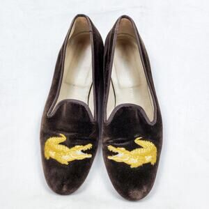 Stubbs & Wootton Brown Velvet Golden Gator Flat Hunter/Smoking Slippers Size 8.5